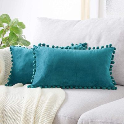 2 Shiny Velvet Pillow Covers with Ball Scandinavian Decor, 40 x 60 cm, Turquoise