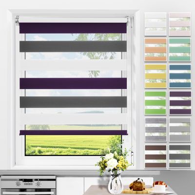 Allesin Dual-Layer Roller Blind, No-Drill or Drill Mount, 85 x 130 cm, White/Purple/Anthracite