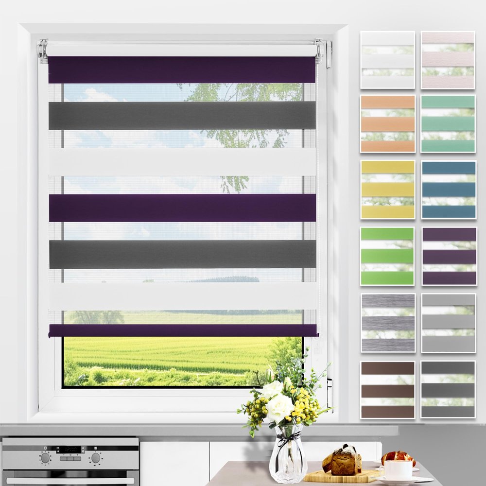 Allesin Dual-Layer Roller Blind, No-Drill or Drill Mount, 85 x 130 cm, White/Purple/Anthracite
