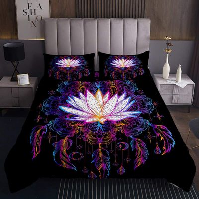 Tbrand Boho Dreamcatcher Bedspread, Bohemian Lotus Flower Quilt, Colorful Feather Print, 240 x 260 cm, Mandala Moon Star, 3-Piece