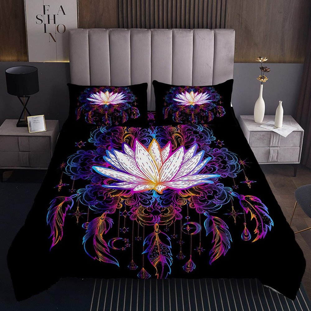 Tbrand Boho Dreamcatcher Bedspread, Bohemian Lotus Flower Quilt, Colorful Feather Print, 240 x 260 cm, Mandala Moon Star, 3-Piece