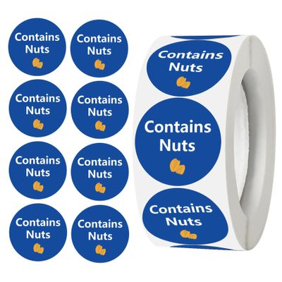 Contains Nuts Labels, 1 in. Round Allergen Warning Stickers, 500 per Roll