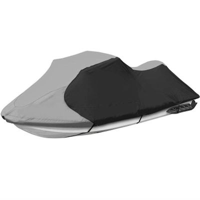 Universal Jet Ski Boat Cover, 210D Colorfast Polyester Waterproof Tarpaulin, Gray + Black, 116"–135"