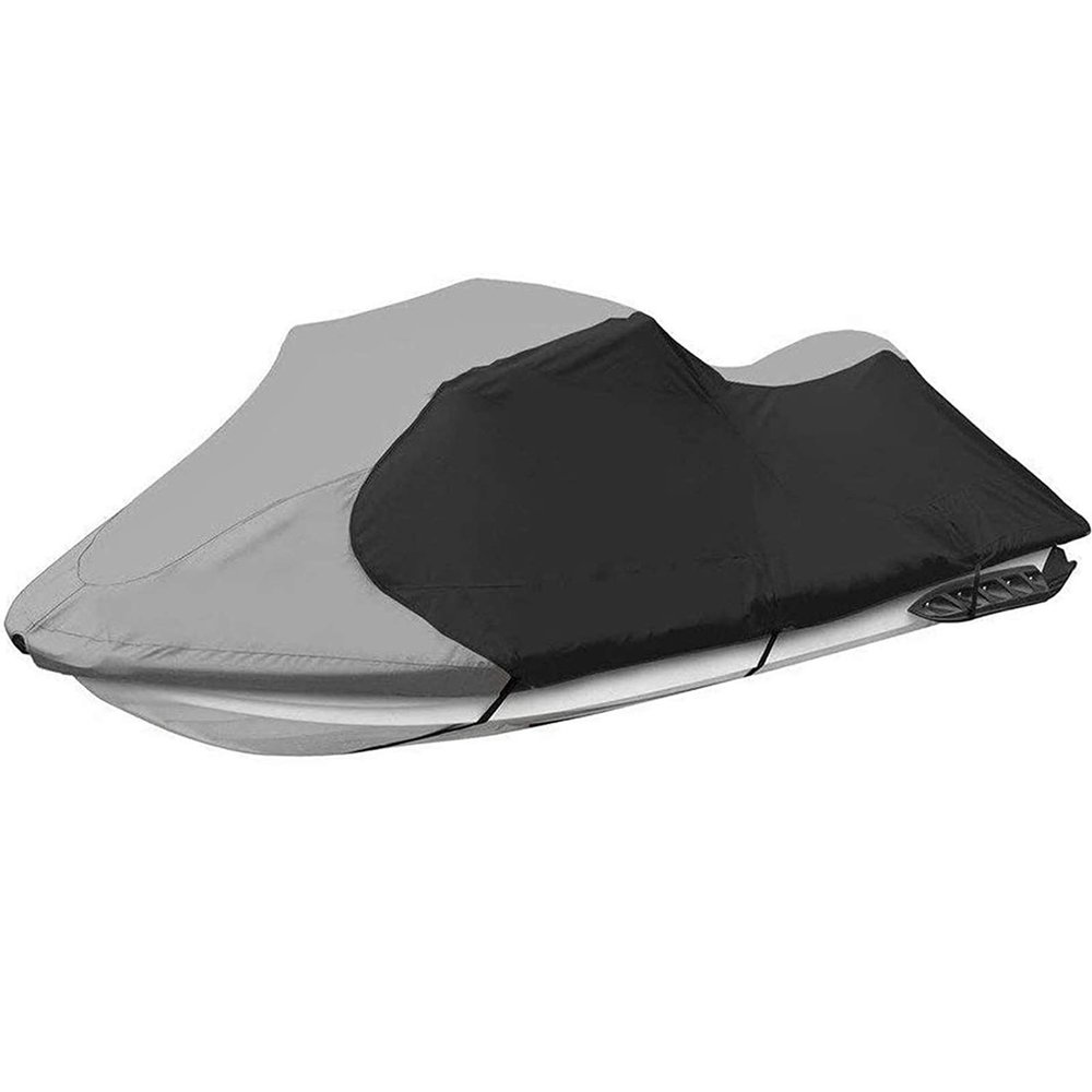 Universal Jet Ski Boat Cover, 210D Colorfast Polyester Waterproof Tarpaulin, Gray + Black, 116"–135"