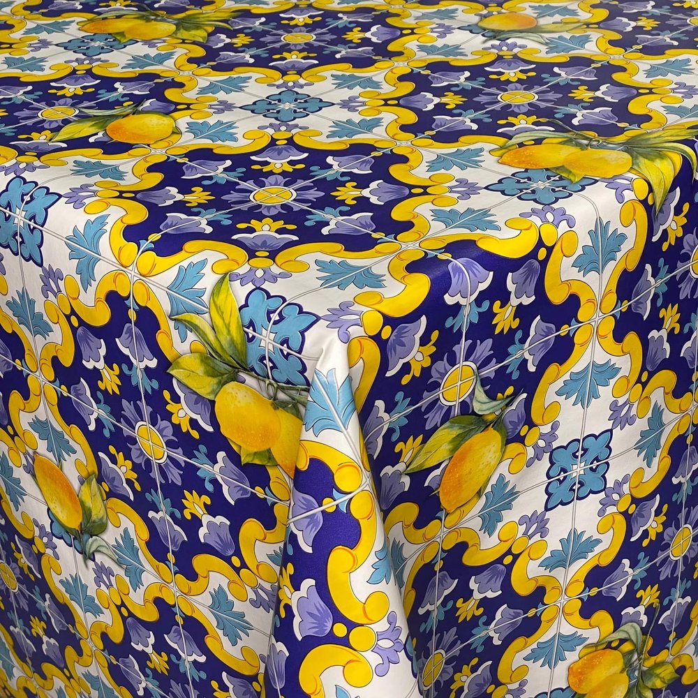 KEVKUS Oilcloth Tablecloth 06213-3 Mosaic Tiles Blue Yellow Lemon Portugal, Oval, 140 x 340 cm