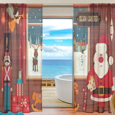 ALAZA Sheer Voile Curtains with Christmas Santa Design, 2 Panels