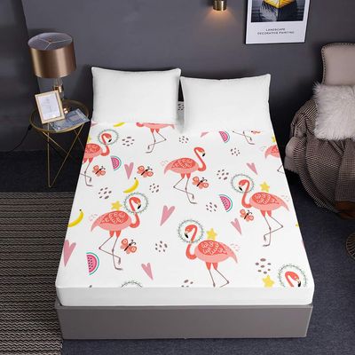 Animal-Print Fitted Sheet for Box Spring Beds, Soft Microfiber, 160 x 200 x 30 cm, Flamingo