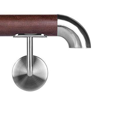 Beech Wenge-Stained Wood Wall Handrail, 42.4 mm, 300 cm, 3 Curved Flat Vertical Brackets