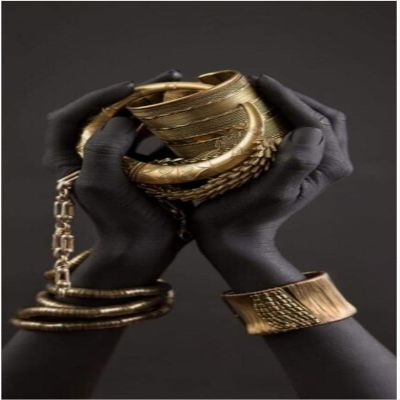 Black Woman’s Hands Holding Gold Jewelry Canvas Wall Art, Scandinavian-Style Decor, 80 x 160 cm, Unframed