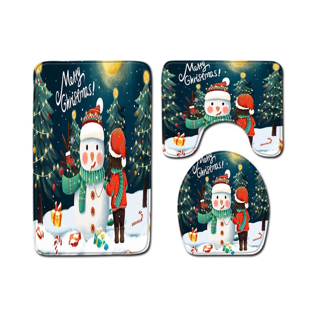 3-Piece Christmas Bathroom Rug Set, Non-Slip Bath Mats with U-Shaped Contour Mat and Toilet Lid Mat