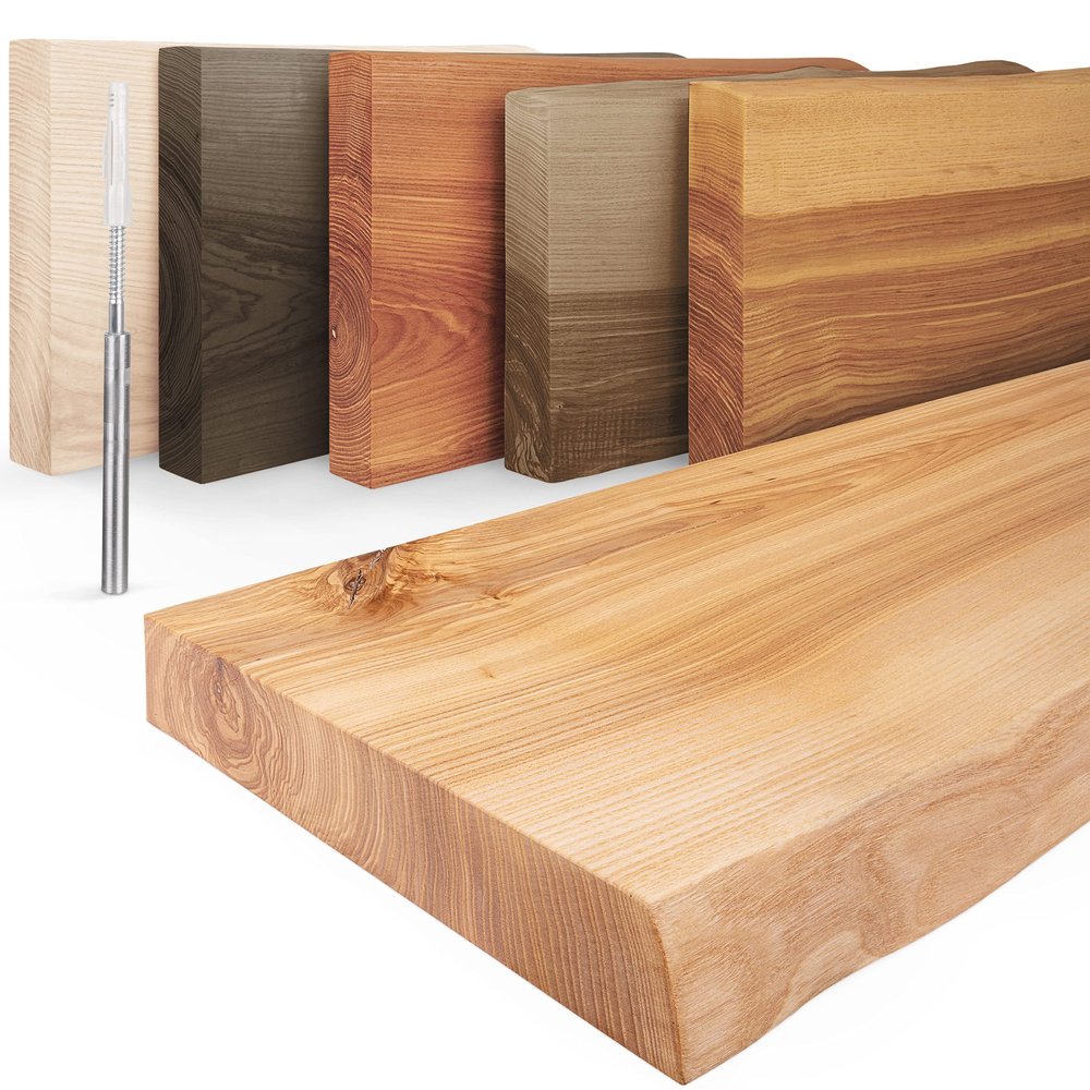 LAMO Manufaktur Floating Wood Shelf with Invisible Mounting | 90 cm Wide Wall Shelf for Living Room, Kitchen, Home Office | Natural Color, Natural Edge | Solid Wood, Modern Design