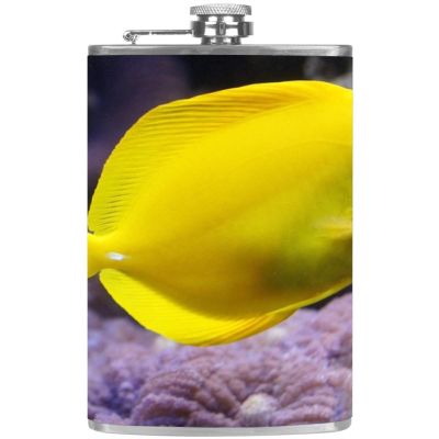 Leather Hip Flask with Handled Funnel for Camping, Fishing, Grilling, Parties, Bars, Drinkers, Wine Bottles, Bright Yellow Fish