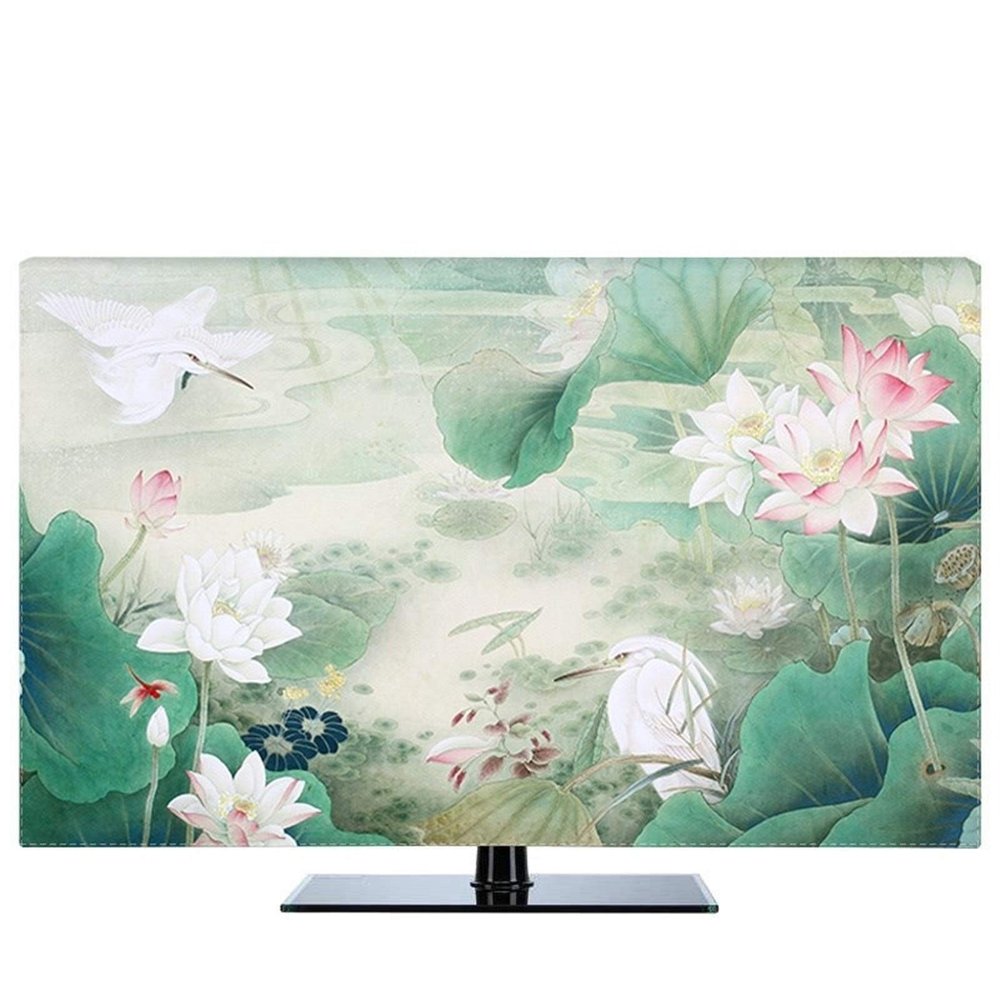 Outdoor TV Cover for 19"–80" TVs, Decorative Waterproof Hood with Lily, Lotus and Bird Design, Light Green, 60"