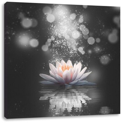 Pixxprint Magical Lotus Blossom with Glitter Dust B&W Detail, 70 x 70 cm, Square Stretched Canvas
