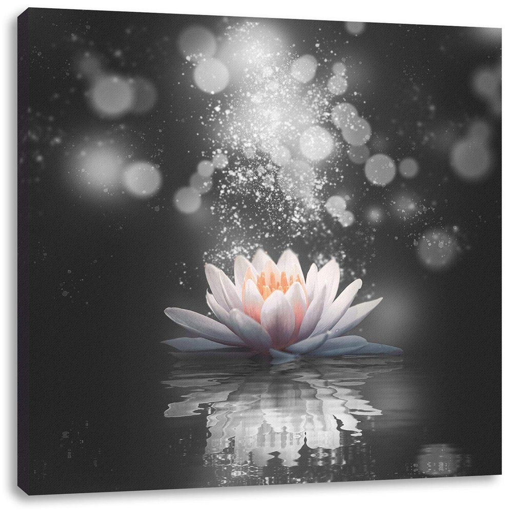 Pixxprint Magical Lotus Blossom with Glitter Dust B&W Detail, 70 x 70 cm, Square Stretched Canvas