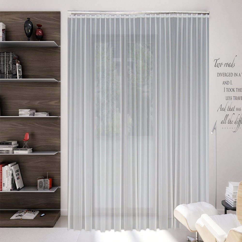 A-TEXTILE-24 Custom-Made Flame-Retardant White Voile Curtain, Triple Pleat, 1:2.5 Automatic Tape, B1 DIN 4102