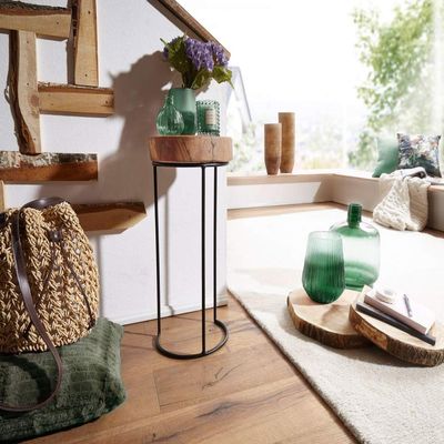 Beauty.Scouts Sira II Side Table, Solid Acacia Wood, Brown/Black Metal, 28 x 55 x 28 cm