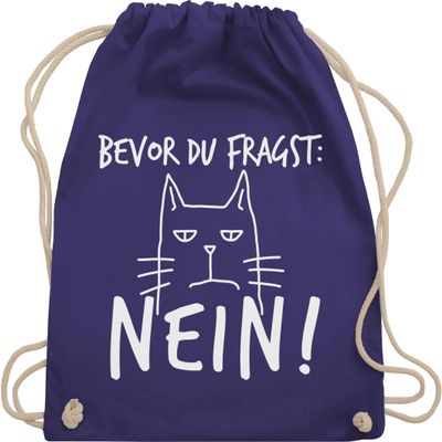Shirtracer Drawstring Backpack “Before You Ask: No!” Cat, White/Purple, One Size