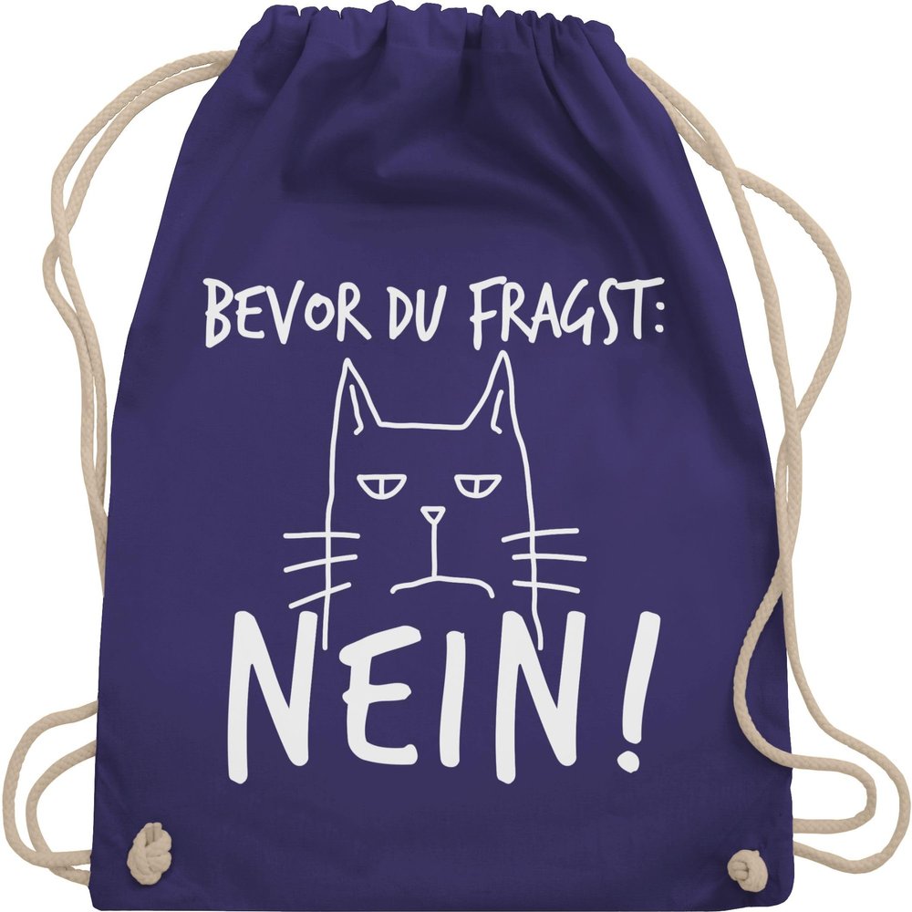 Shirtracer Drawstring Backpack “Before You Ask: No!” Cat, White/Purple, One Size