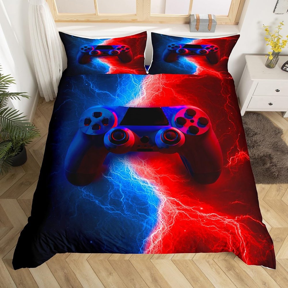 Homewish Video Game Duvet Cover Set, 200 x 200 cm, Gamepad Design, Red and Blue