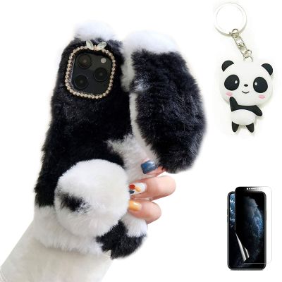 Artfeel Plush Rabbit Case for Samsung Galaxy A21S, Fuzzy Bunny Ears, Glitter Rhinestones, Black and White