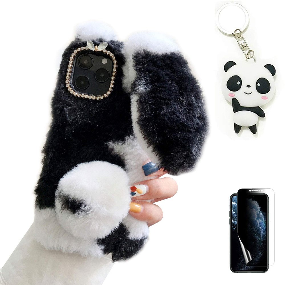 Artfeel Plush Rabbit Case for Samsung Galaxy A21S, Fuzzy Bunny Ears, Glitter Rhinestones, Black and White