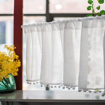 Zlovne White Cotton-Linen Cafe Curtain with Embroidered Pom-Pom Design, 150 x 40 cm