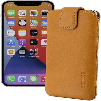 Suncase Genuine Leather Pouch for iPhone 12 mini (5.4 in), Pull-Tab Sleeve with Magnetic Closure, Antique Camel