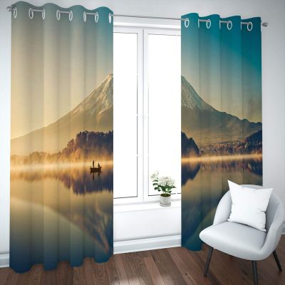 BATOHOME Designer Blackout Curtains with Mountain Lake and Boat Print, Short and Opaque, for 2 Windows (2 pcs x H42 x W72)