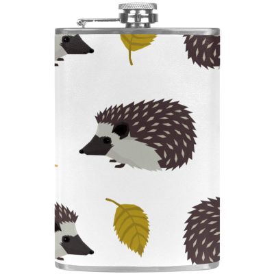 Leather Hip Flask with Handled Funnel for Camping, Fishing, Barbecues, Bars, Wildlife, Gray Hedgehogs and Leaves