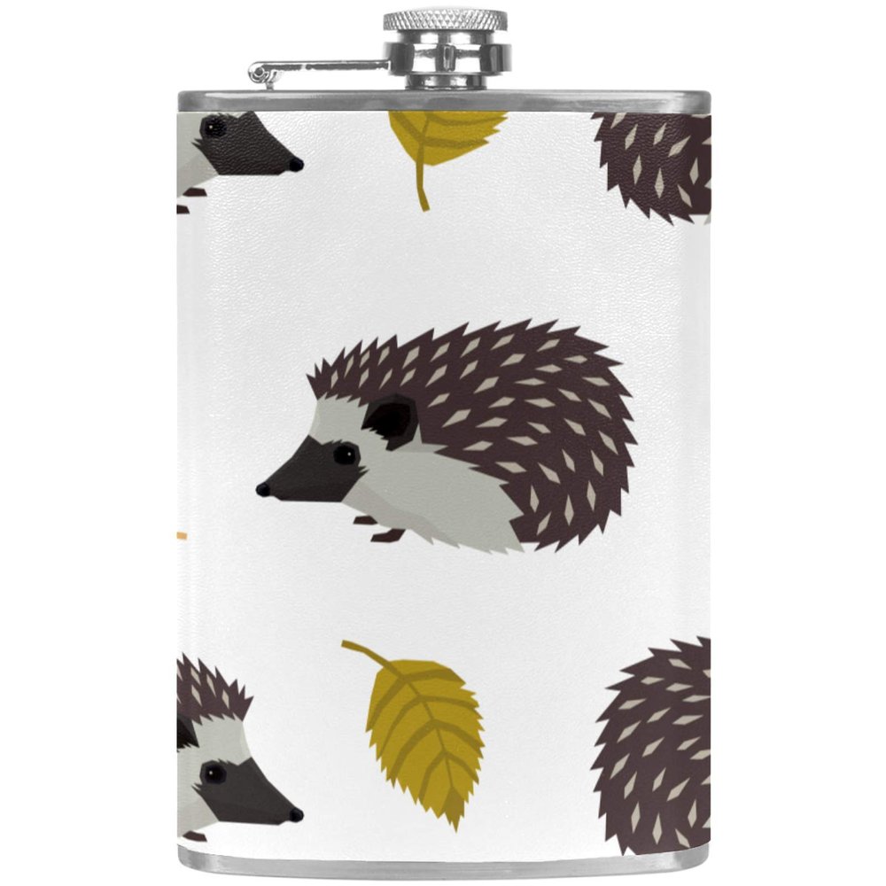 Leather Hip Flask with Handled Funnel for Camping, Fishing, Barbecues, Bars, Wildlife, Gray Hedgehogs and Leaves