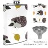 Leather Hip Flask with Handled Funnel for Camping, Fishing, Barbecues, Bars, Wildlife, Gray Hedgehogs and Leaves view 3