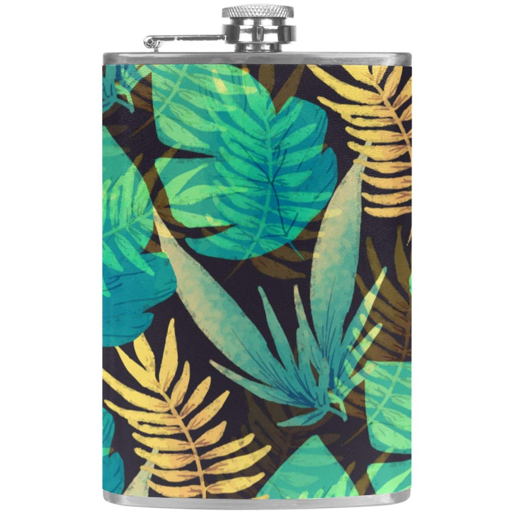 Leather Hip Flask with Handle Funnel, Green and Yellow Tropical Palm Leaf Pattern