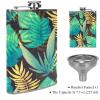 Leather Hip Flask with Handle Funnel, Green and Yellow Tropical Palm Leaf Pattern view 3