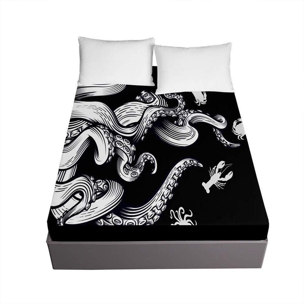 Chickw1 Microfiber Fitted Sheet, 3D Octopus Print, 30 cm Pocket Depth, Gray, 160 x 200 cm