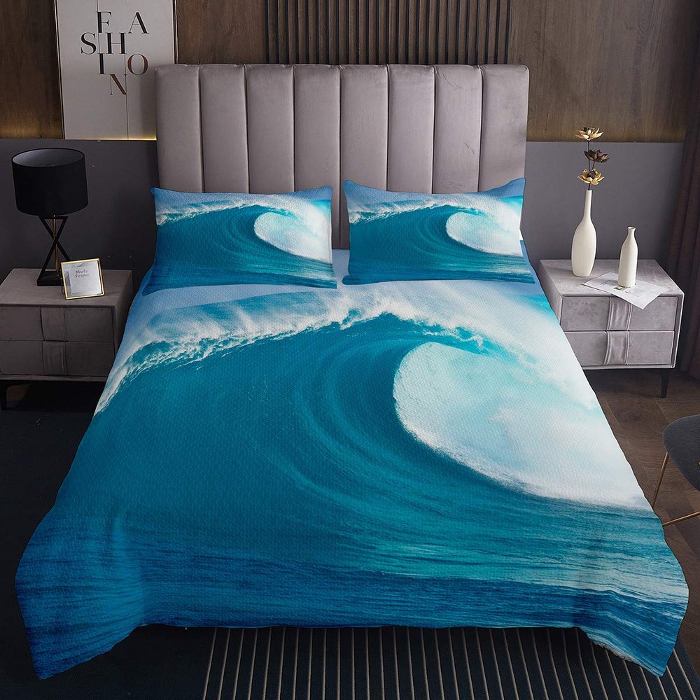 Tbrand Ocean Wave Surfing Nautical Quilt Bedspread, Sky Blue, 170 x 210 cm