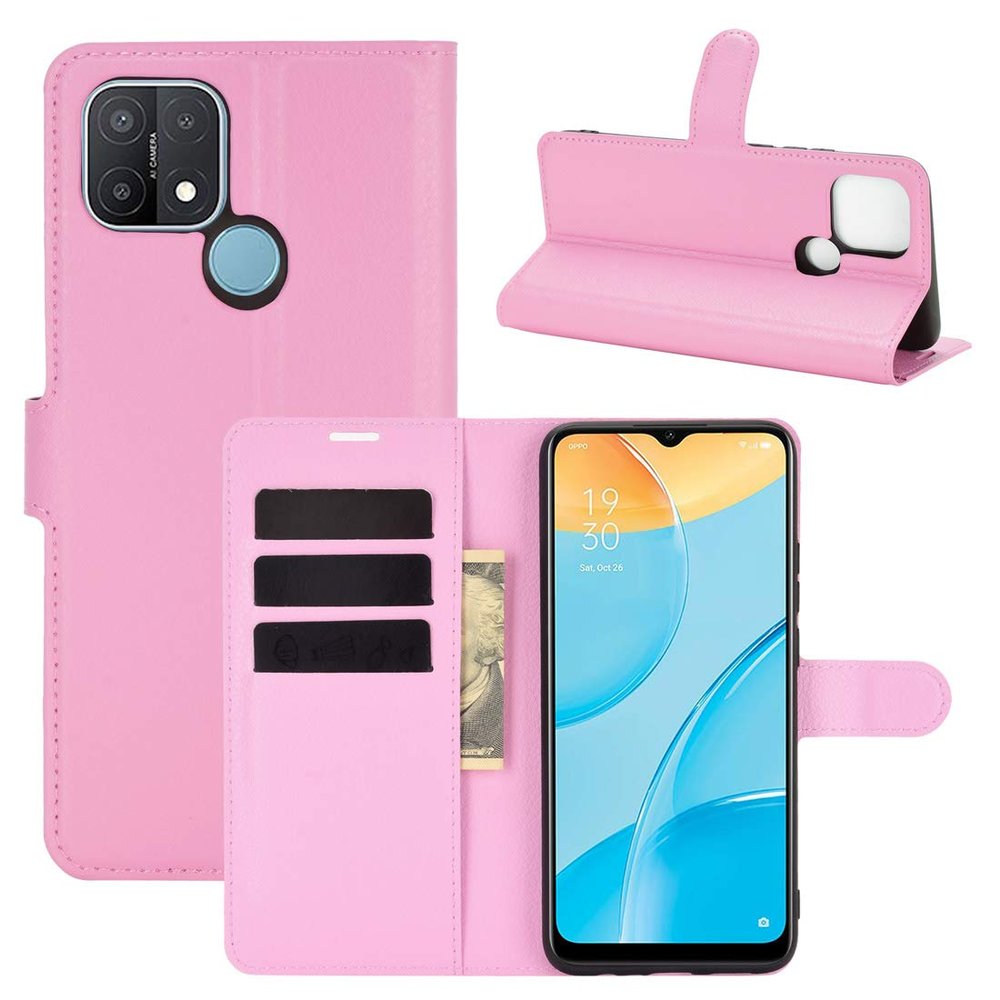 XFDSFDL Flip Wallet Case for Oppo A15 (6.52-Inch), PU Leather, Litchi Pattern, Stand, Magnetic Closure, Card Slots, Pink