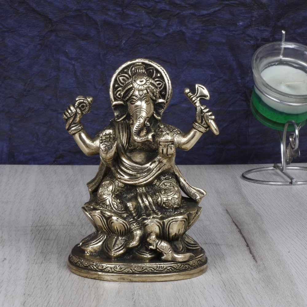 Artvarko Brass Ganesha Seated on Lotus, 12.7 cm
