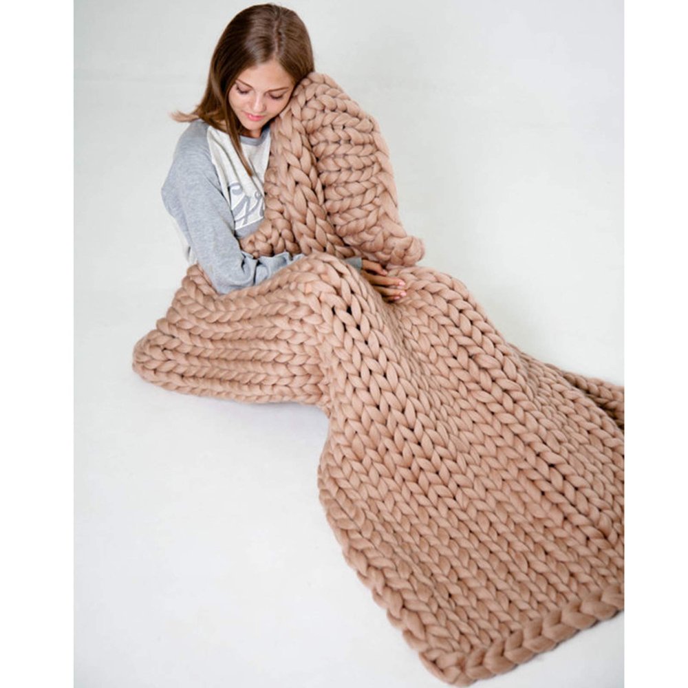 WXZX Chunky Knit Blanket, Hand-Knitted Super-Soft Merino Wool Throw for Neutral Farmhouse Sofas