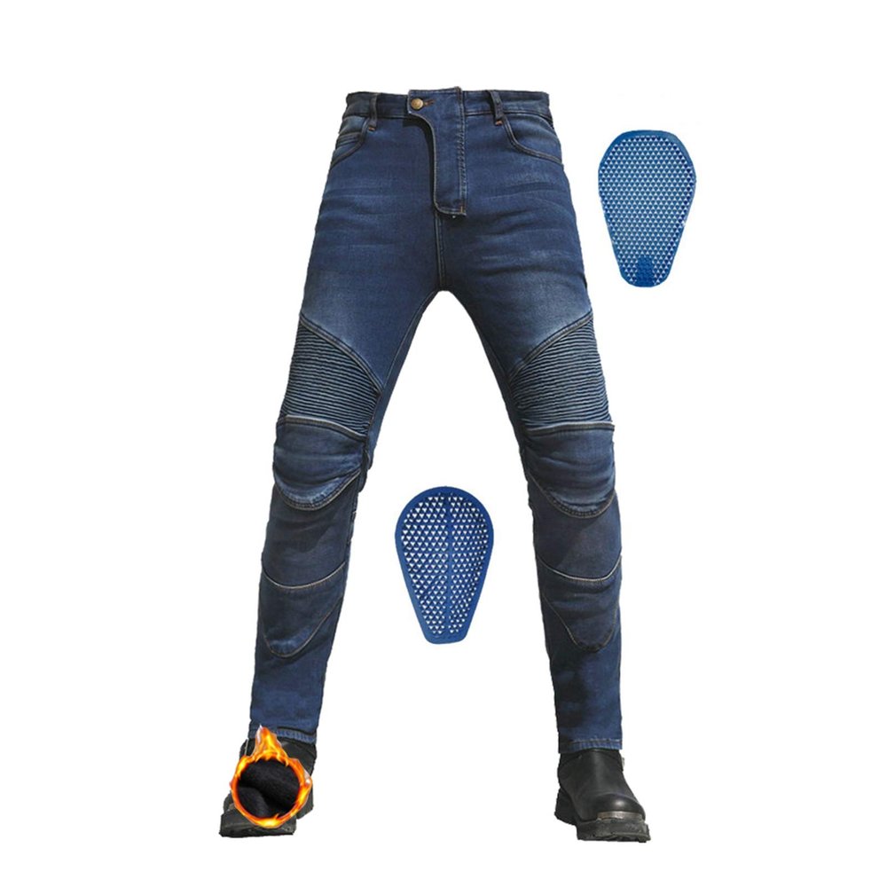 YXYECEIPENO Winter Off-Road Motorcycle Pants with Fleece-Lined Denim and 4 Removable Protective Pads, Unisex, 9 Sizes