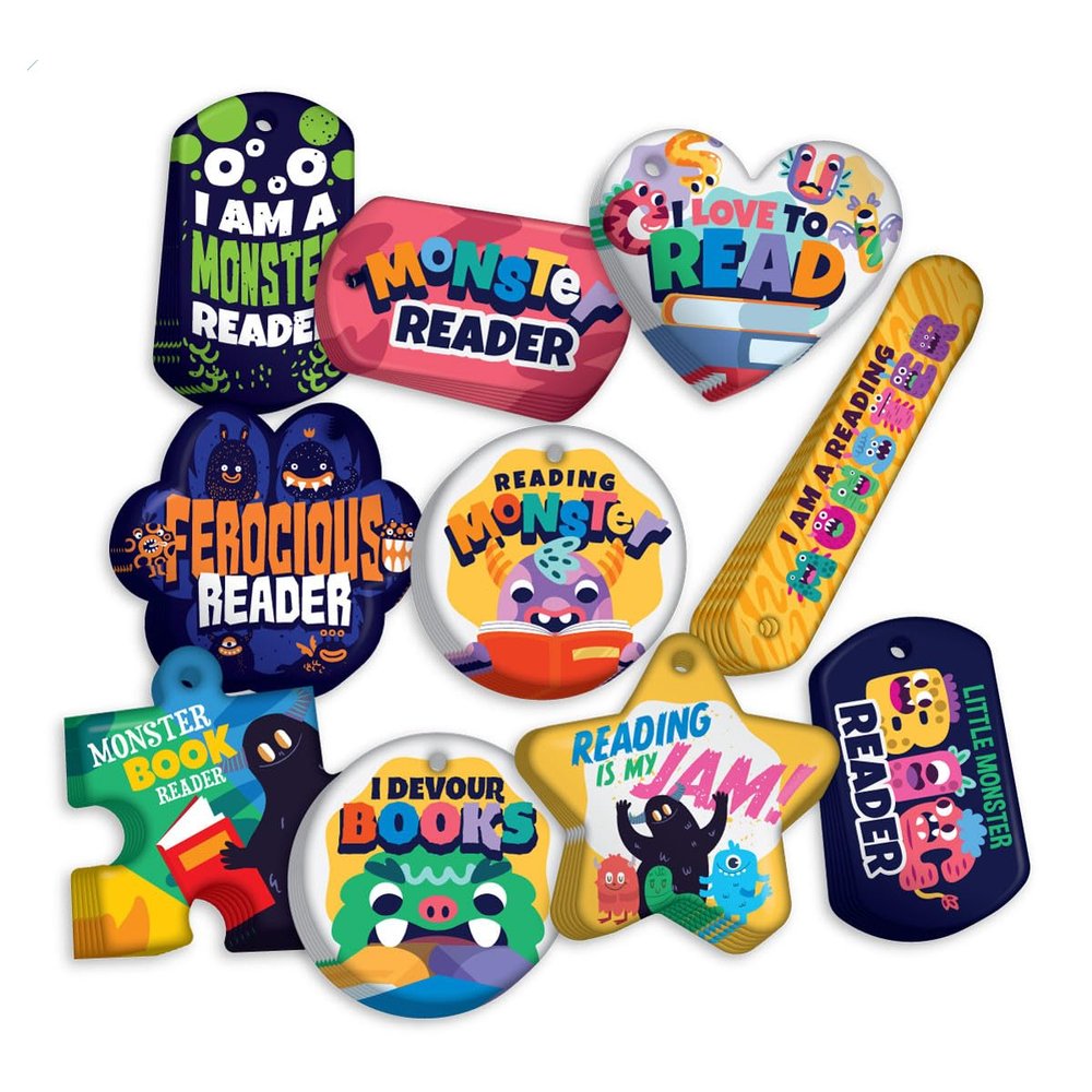 Monster-Themed Reading Brag Tags Value Pack: 100 Tags + 25 Made-in-USA, Hypoallergenic...