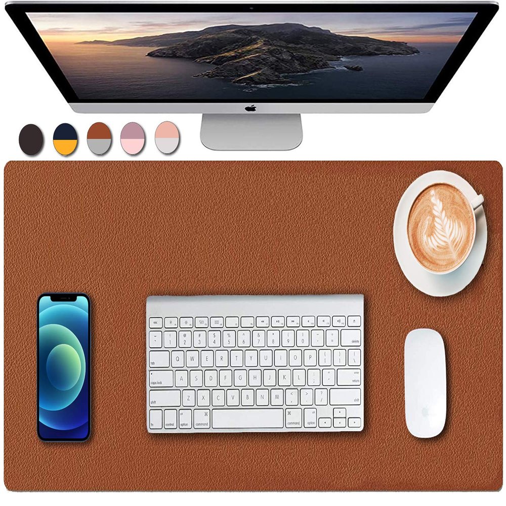 SUJAYU Double-Sided PU Leather Desk Mat, 59.9 x 30 cm, Mouse Pad, Waterproof Desk Pad for Office and Home (Brown + Silver, 60 x 30 cm)