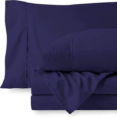 Custom 4-Piece Silk Bed Sheet Set, 100% Egyptian Cotton, 400 Thread Count, Navy Blue, UK King