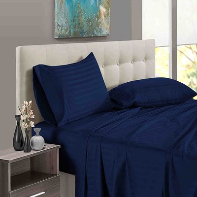 Custom Silk 4-Piece Bed Sheet Set, 100% Egyptian Cotton, 400 Thread Count, Extra-Soft, 32 cm Deep Pocket, Navy Blue Stripe, Emperor Size