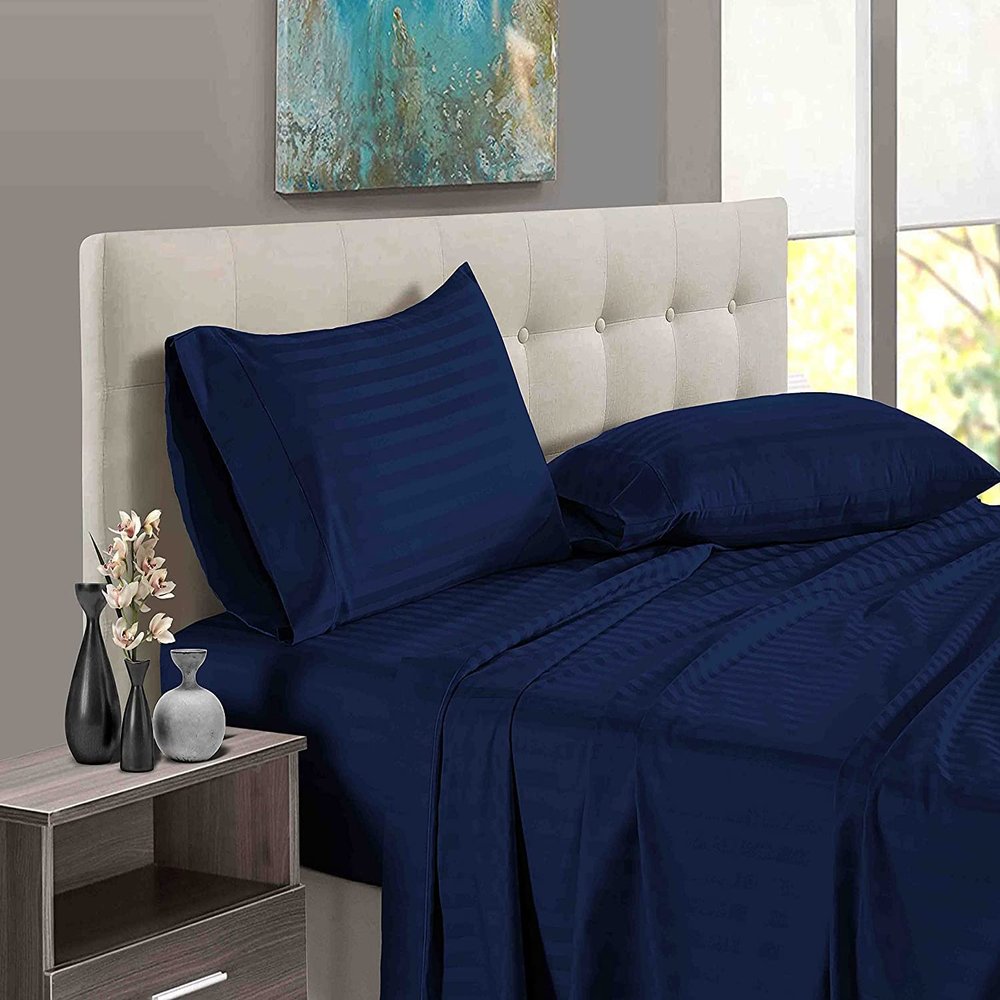 Custom Silk 4-Piece Bed Sheet Set, 100% Egyptian Cotton, 400 Thread Count, Extra-Soft, 32 cm Deep Pocket, Navy Blue Stripe, Emperor Size