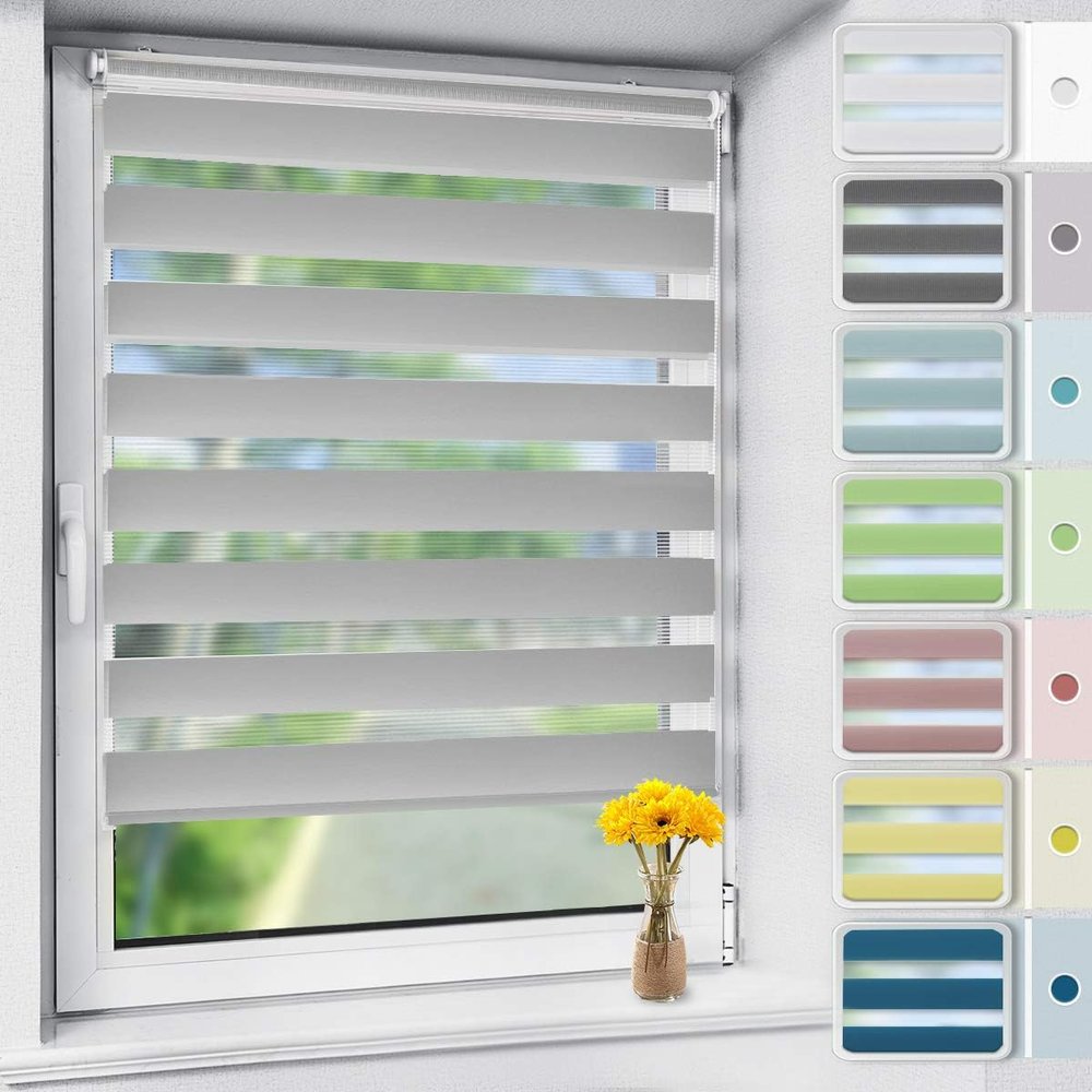 OUBO Dual Roller Blind, No-Drill Clamp-Fit, Gray, W65 x H140 cm (Fabric Width: 61 cm)