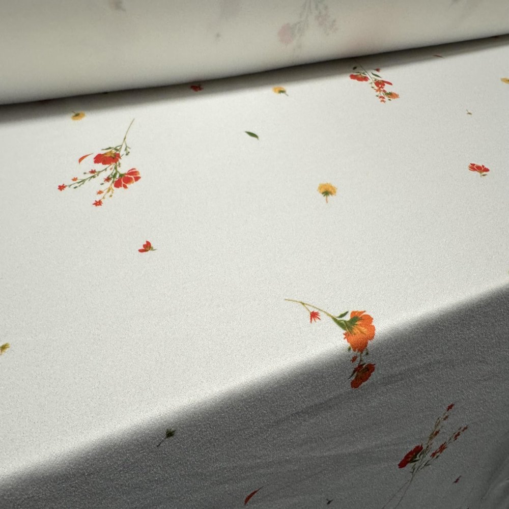 Scuba Crepe Spandex (Elastane) Stretch Jersey Fabric by the Meter, White with Small Orange Floral Prints