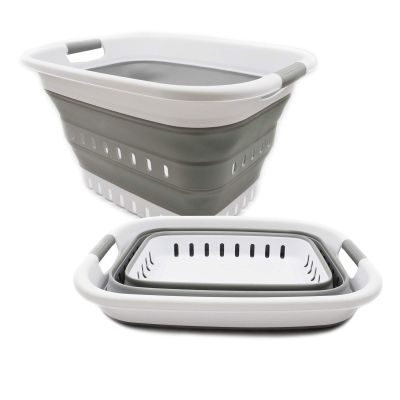SAMMART 37L Set of 2 Collapsible Plastic Laundry Hampers, White/Gray