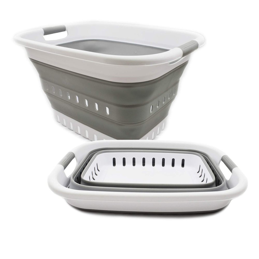 SAMMART 37L Set of 2 Collapsible Plastic Laundry Hampers, White/Gray