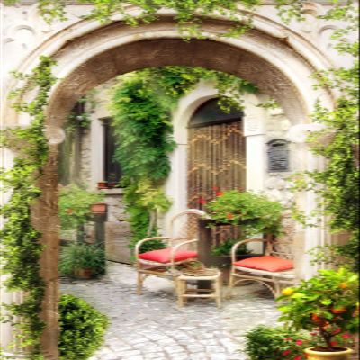 A.Monamour Self-Adhesive Door Wallpaper, 3D Italian Old Street Architecture, Flowers and Garden, Vinyl Wall Mural, 90 x 200 cm